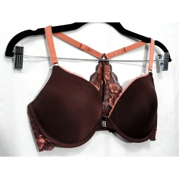 Adore Me Bra Lace Racer Back Plunge Front Close Pushup Brown Women's Size 34DD - Picture 2 of 11